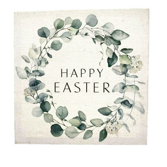 DECOCRATED Happy‎ Easter Linen Wall Art 10" Square Canvas White Green Wreath - Picture 1 of 3